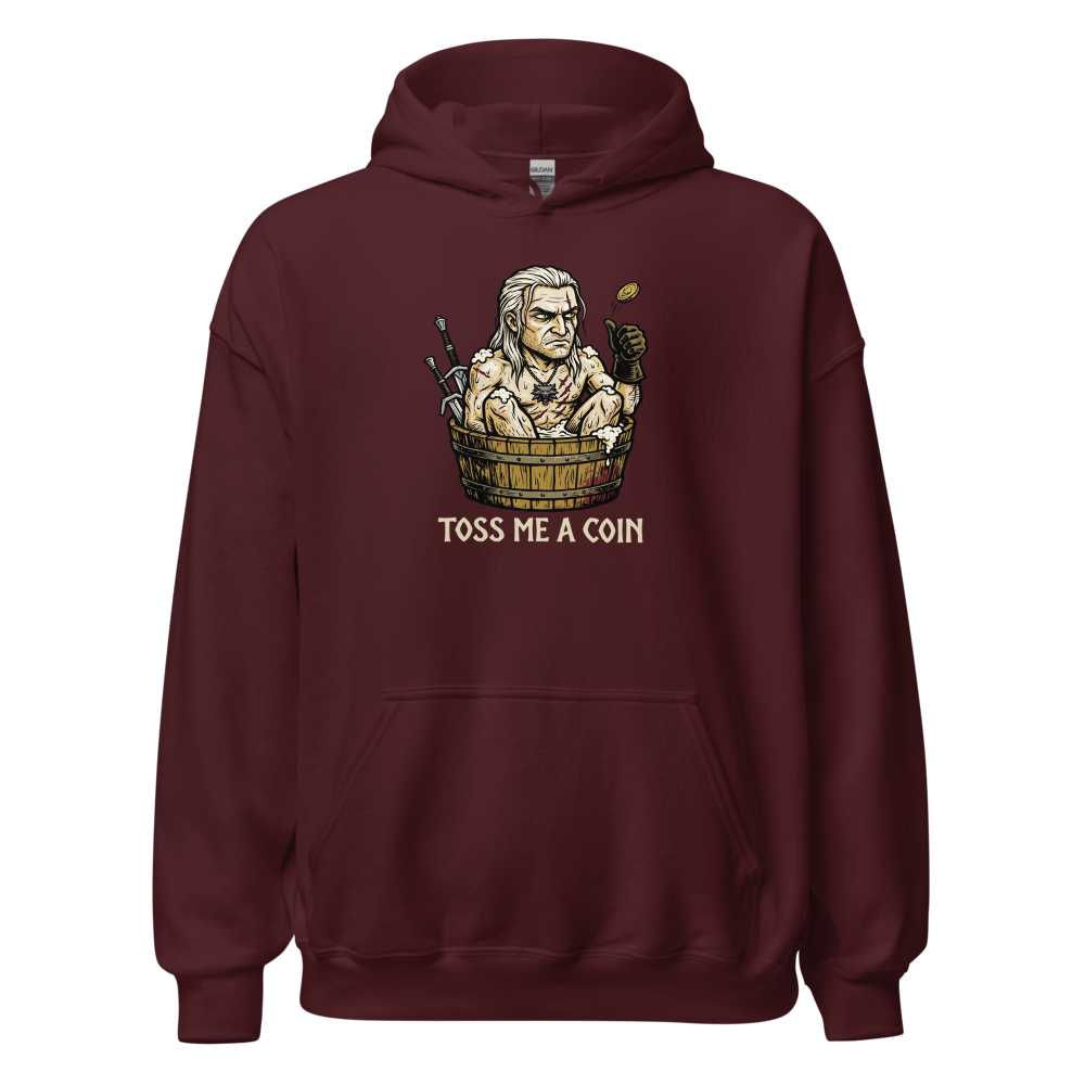 Grumpy Monster Hunter Bathtub Coin Toss Woodcut Tee — maroon front view