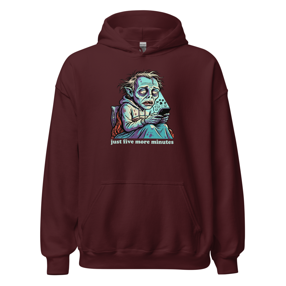 3AM Phone Gremlin Doomscroll Halftone Tee — maroon front view