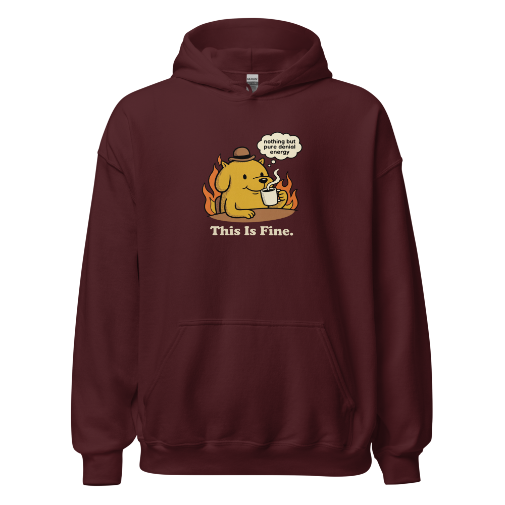 Everything's Fine Coffee Dog Meme Tee — maroon front view
