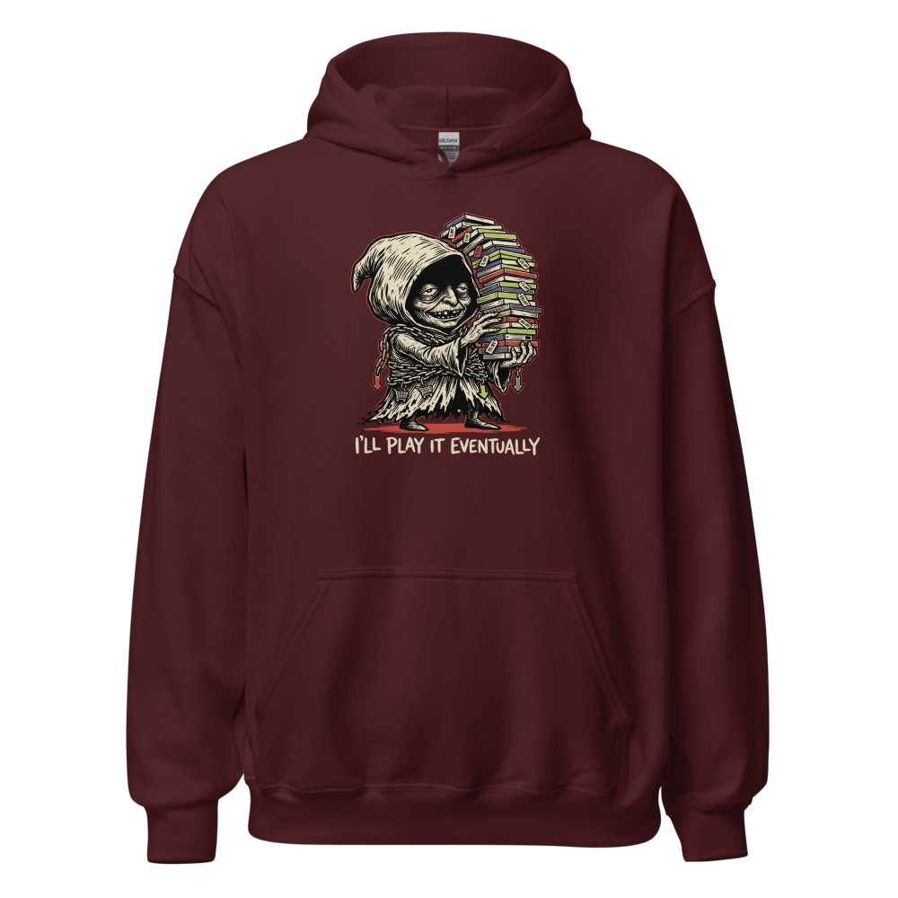 Eternal Sale Backlog Gremlin Linocut Gamer Tee — maroon front view