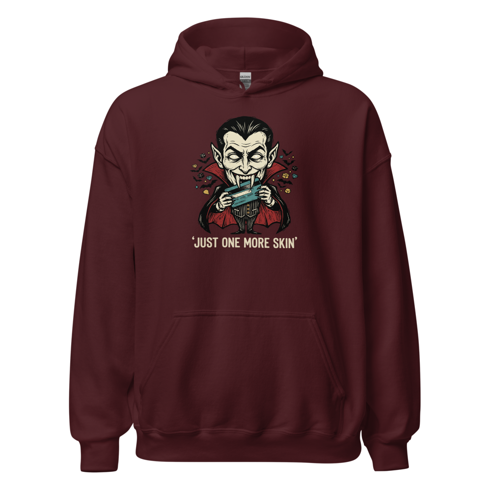 Microtransaction Vampire Woodcut Gaming Meme Tee — maroon front view