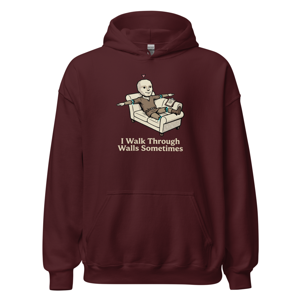 Glitched NPC Therapy Couch Wall-Walk Gamer Tee — maroon front view