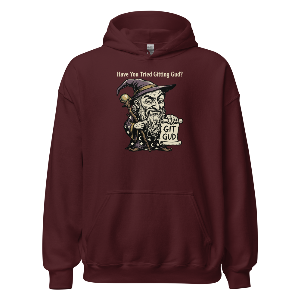 Git Gud Wizard Mentor Woodcut Gamer Meme Tee — maroon front view