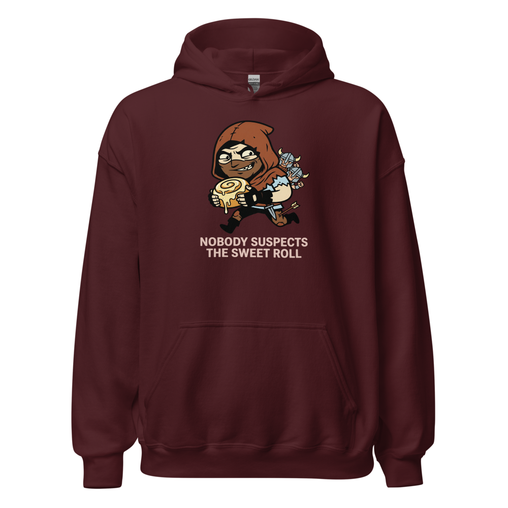 Nobody Suspects The Sweet Roll Retro RPG Thief Tee — maroon front view