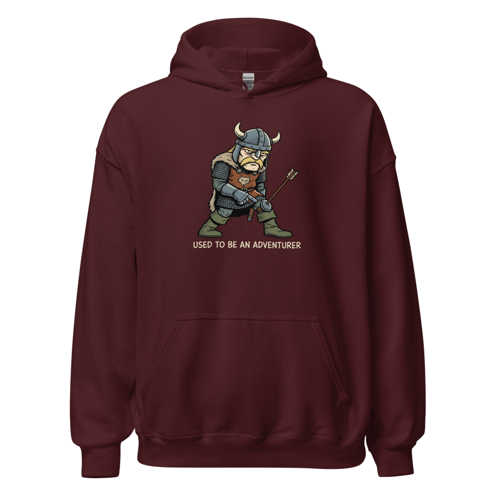 Retired Adventurer City Guard Comic Ink Tee — maroon front view