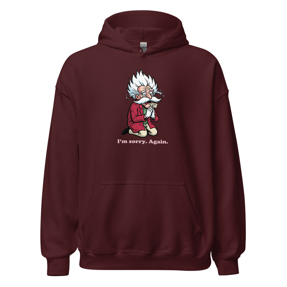 Mad Scientist Sorry Again Retro Boss Parody Tee — maroon front view