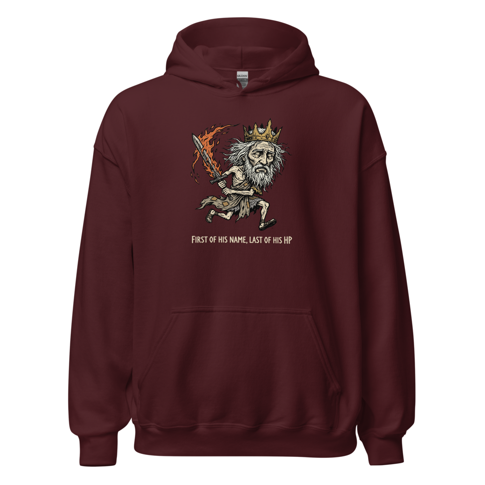First Of His Name Last Of His HP Boss Tee — maroon front view
