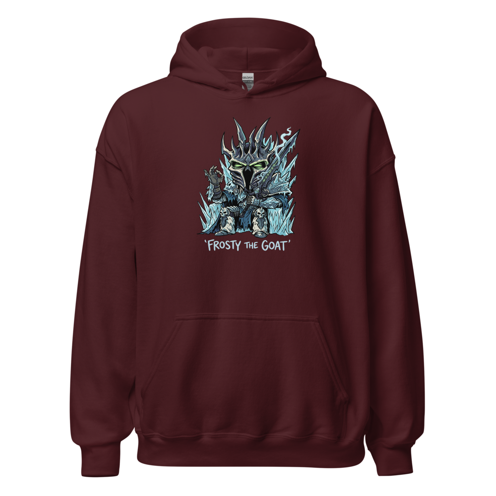 Frosty The Goat Frozen Throne Tea Time Tee — maroon front view