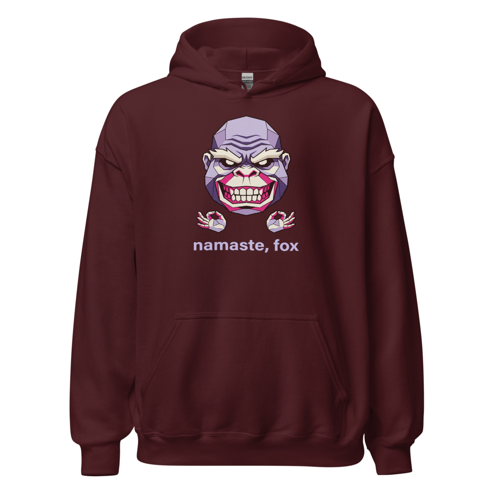 Namaste Fox Meditating Ape Boss Low Poly Tee — maroon front view