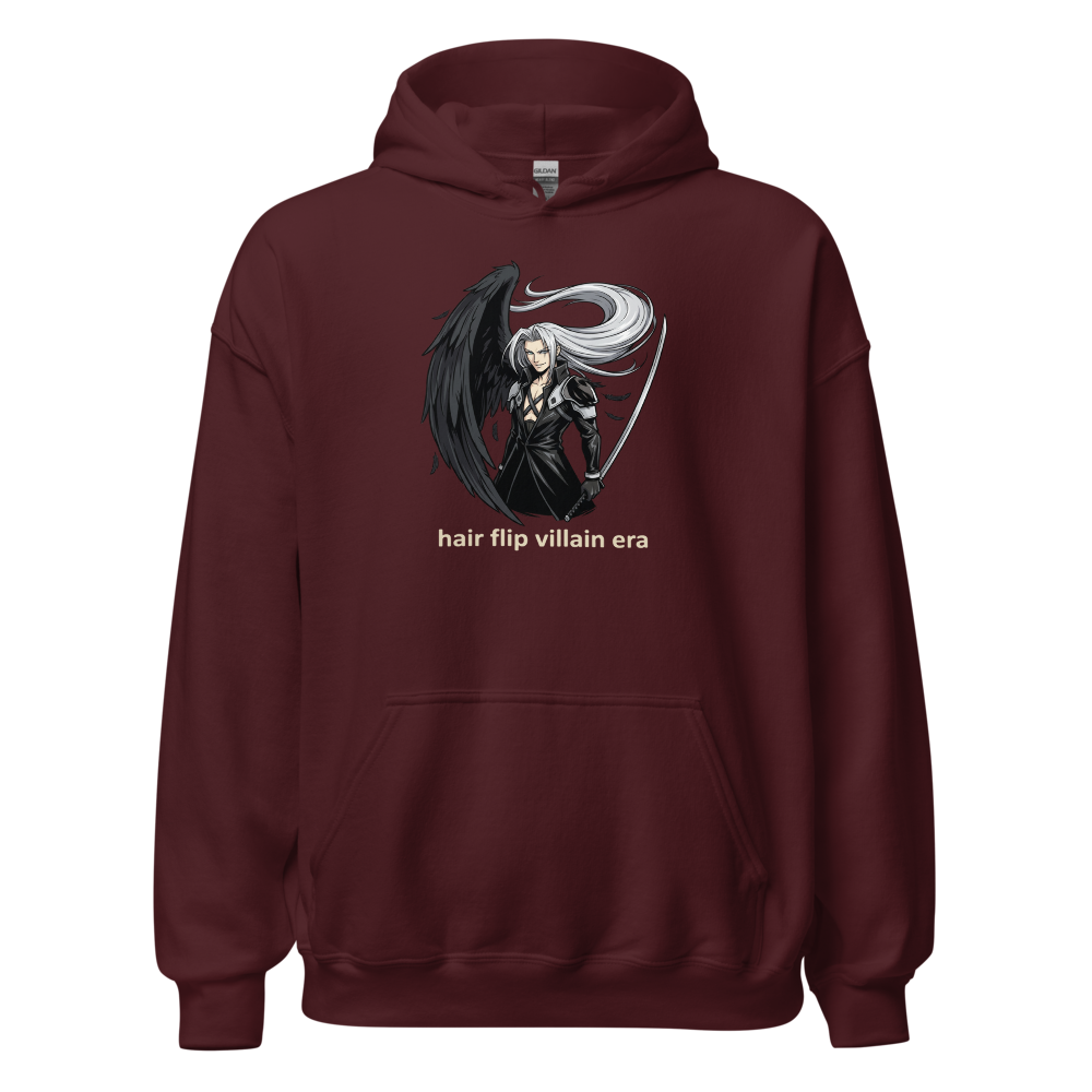 Hair Flip Villain Era Anime Swordsman Tee — maroon front view