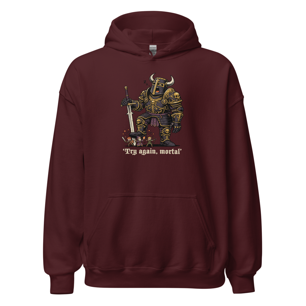 Try Again Mortal Optional Superboss RPG Tee — maroon front view