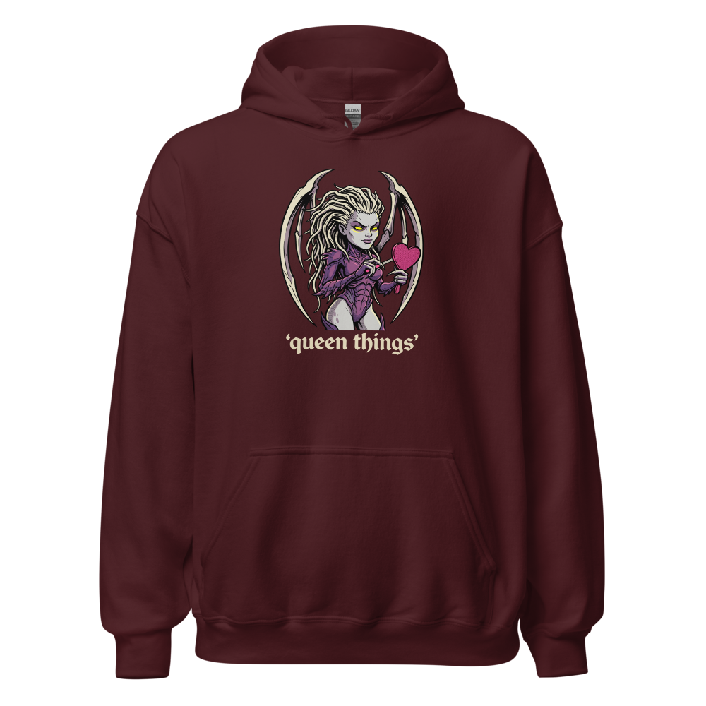 Queen Things Bone-Blade Vanity Boss Comic Ink Tee — maroon front view