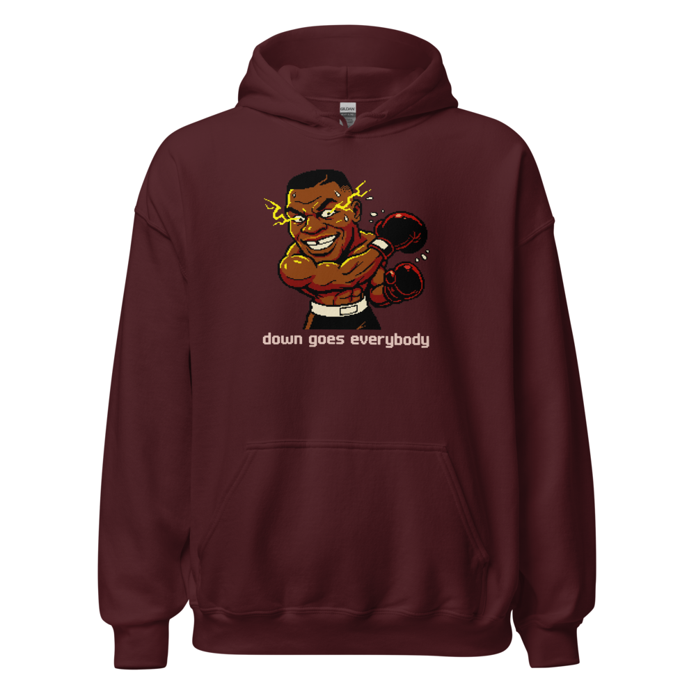16-Bit Pixel Boxer Down Goes Everybody Retro Tee — maroon front view