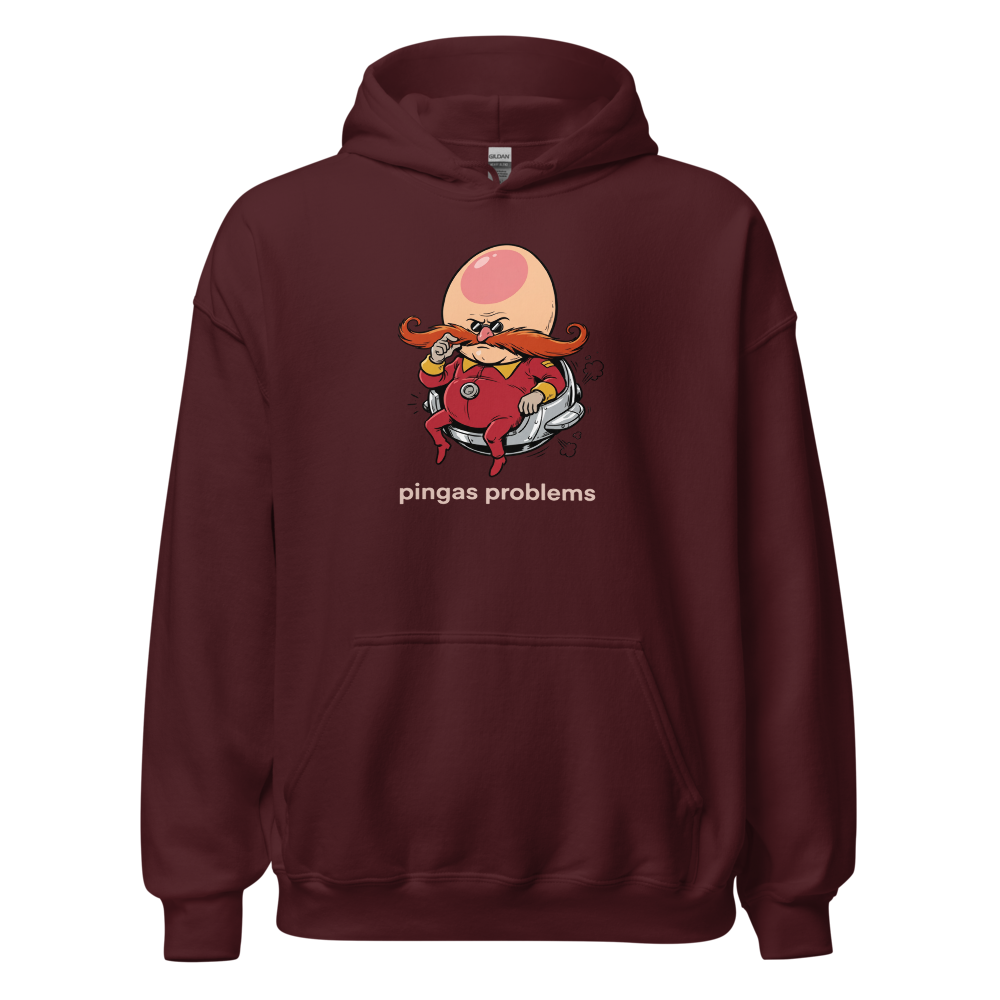 Egg-Shaped Villain Hover Pod Problems Tee — maroon front view