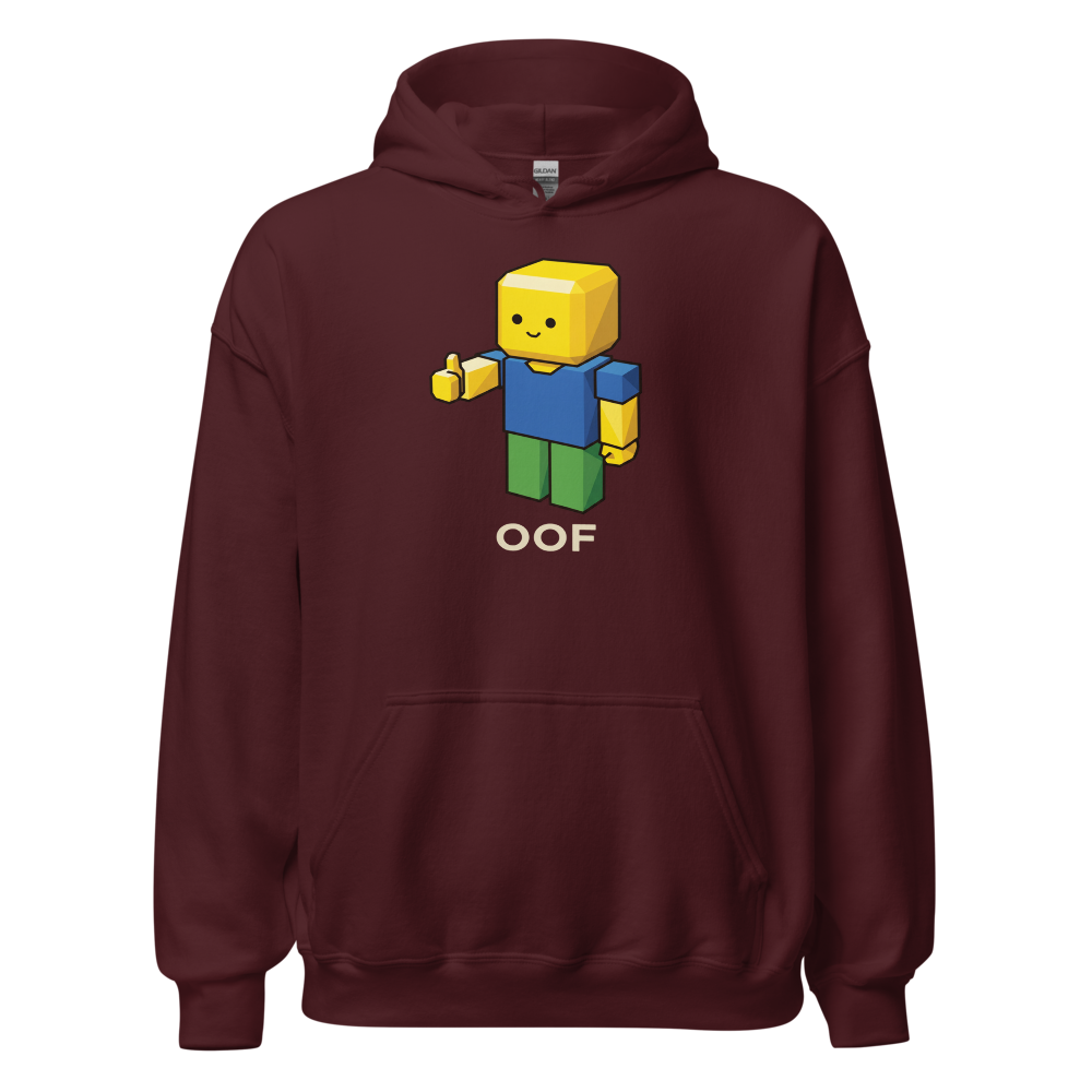 Low-Poly Blocky Noob Oof Sandbox Gamer Tee — maroon front view