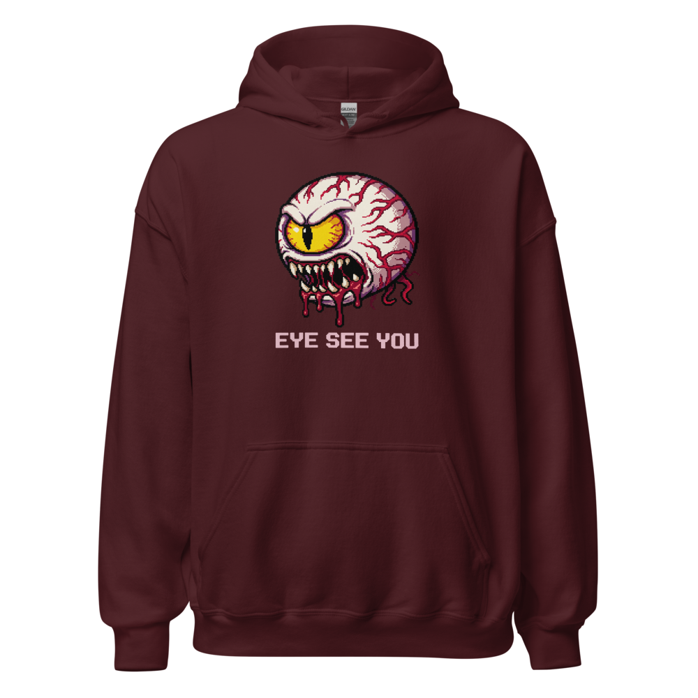Eye See You Retro Pixel Boss Eyeball Gamer Tee — maroon front view