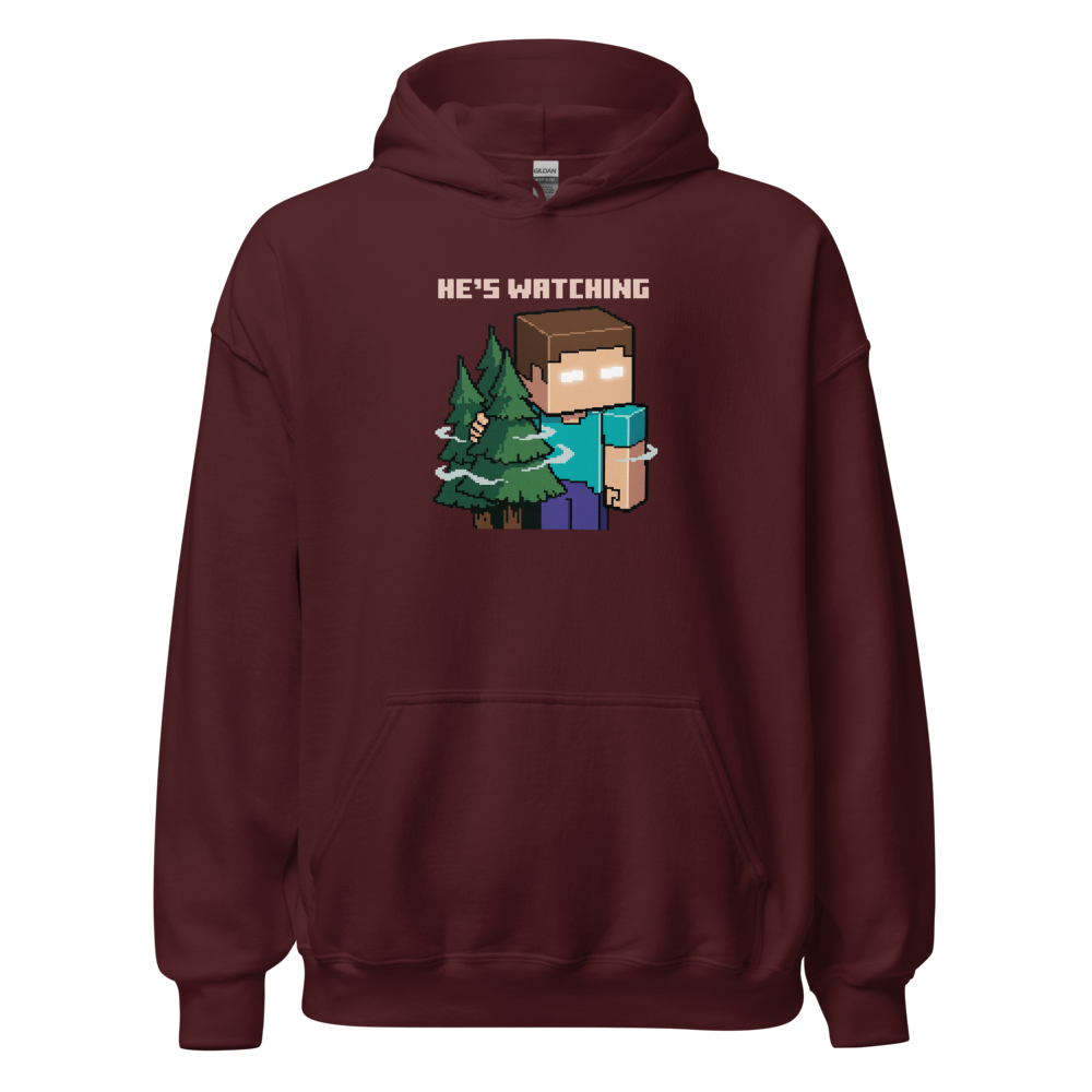 He's Watching Pixel Lurker Retro Sandbox Tee — maroon front view