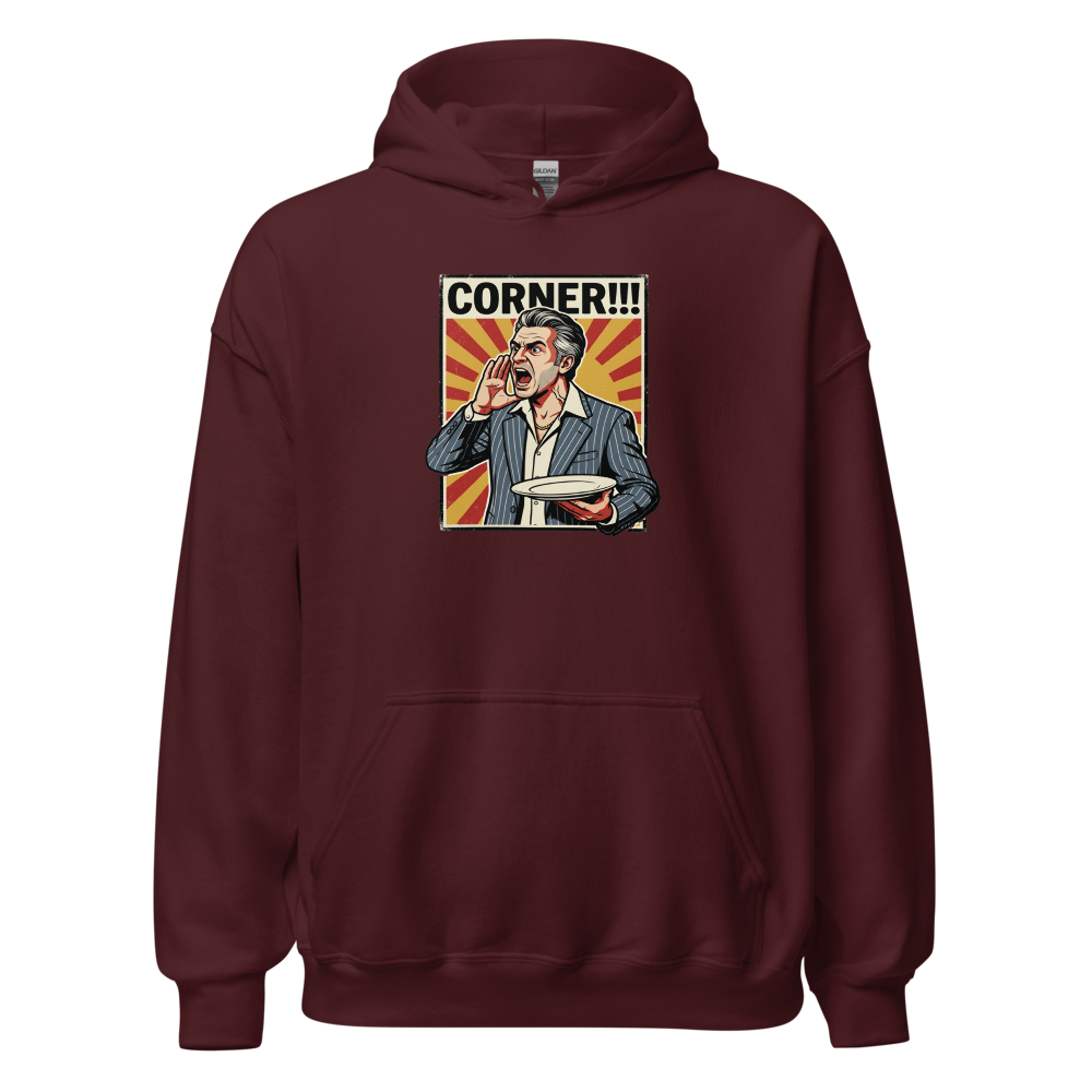 Corner Screaming Waiter Propaganda Fine Dining Tee — Hoodie — maroon front view