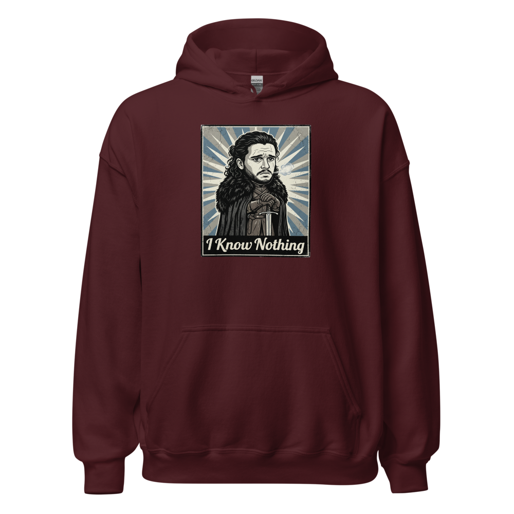 I Know Nothing Brooding Northern Hero Propaganda Tee — Hoodie — maroon front view
