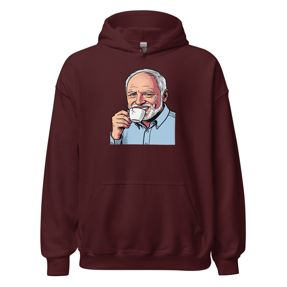 Fake Smile Coffee Guy Halftone Pop Art Meme Tee — maroon front view