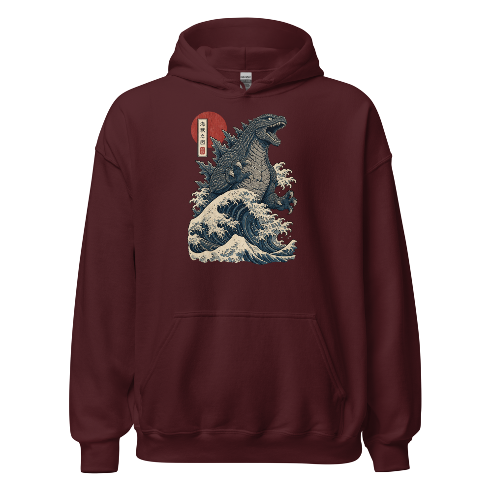 Sea Monster Great Wave Woodblock Print Tee — maroon front view
