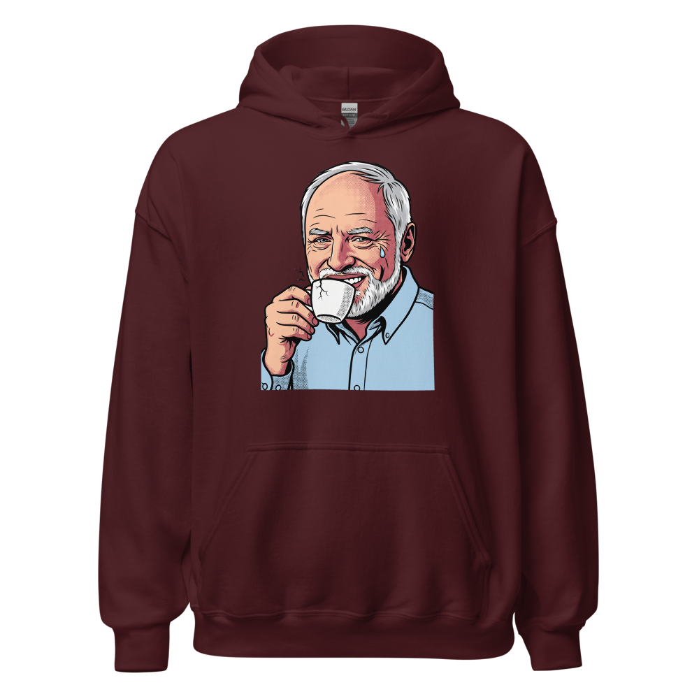 Fake Smile Coffee Guy Halftone Pop Art Meme Tee â€” Maroon front view