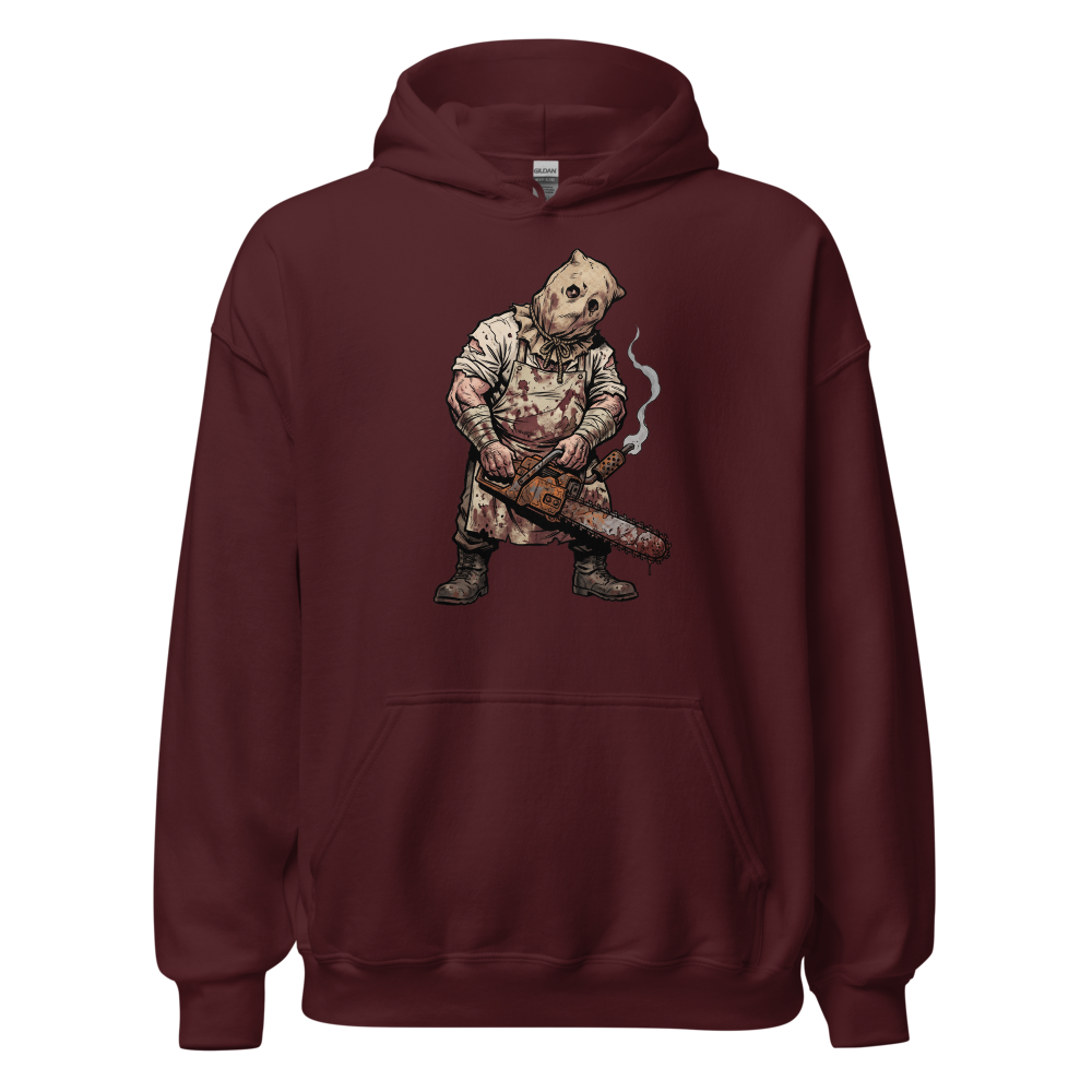 Sack Mask Chainsaw Executioner Horror Tee — maroon front view