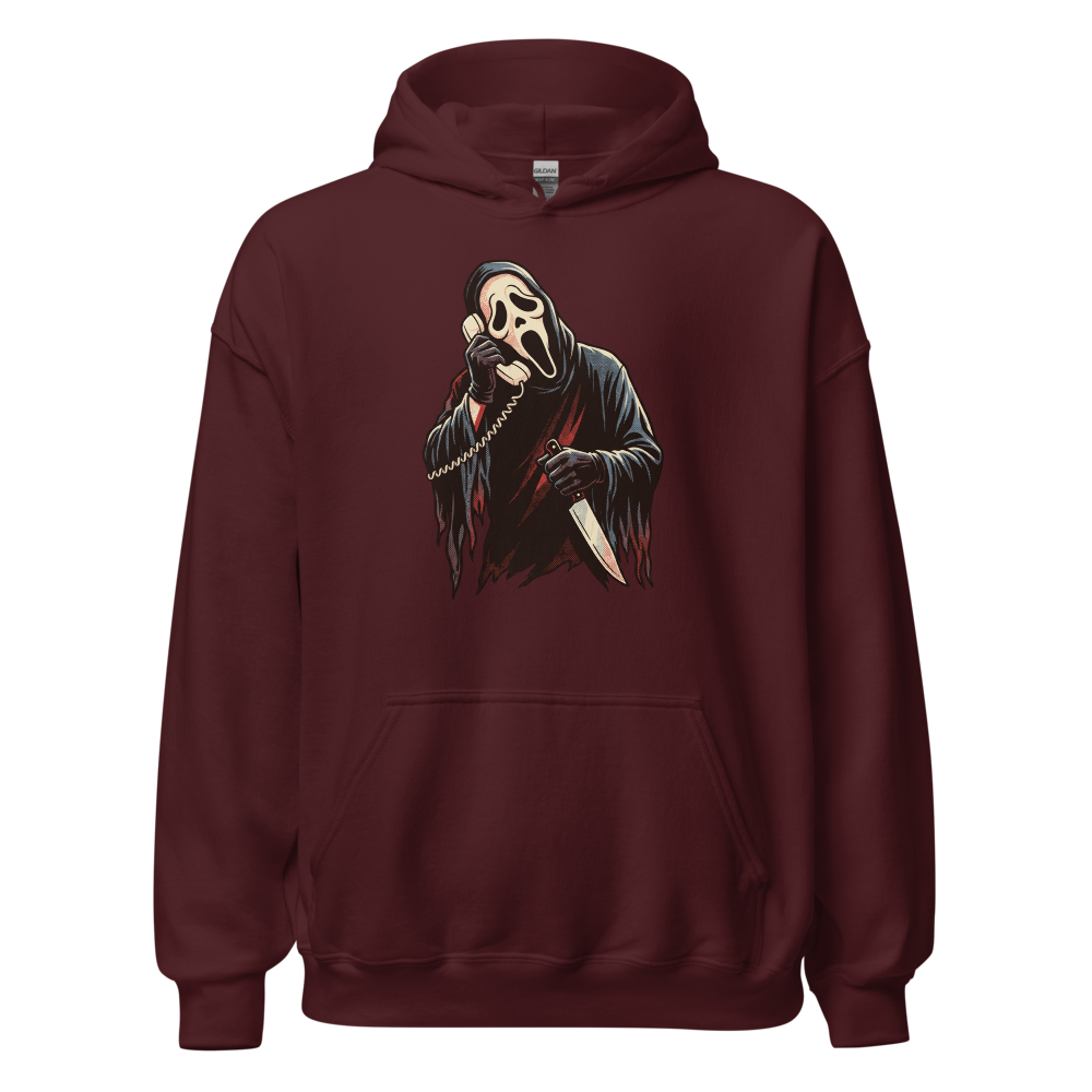 Masked Phone Caller On Hold Halftone Horror Tee — maroon front view