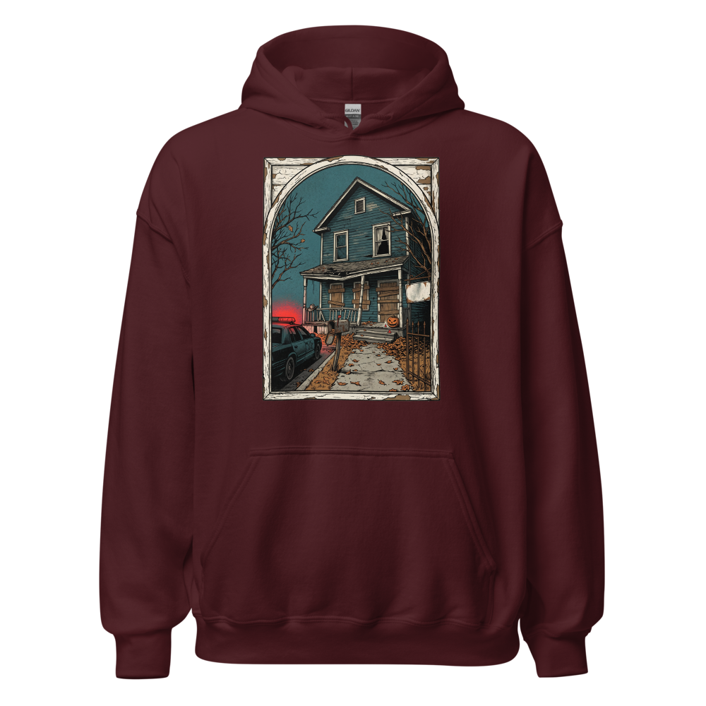 Haunted House Halloween Night Screen Print Horror Tee — Hoodie — maroon front view