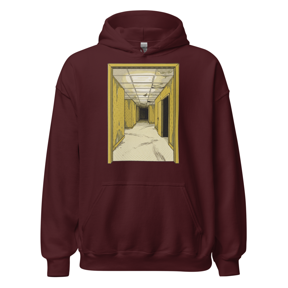 Yellow Liminal Hallway Endless Corridor Riso Tee — Hoodie — maroon front view