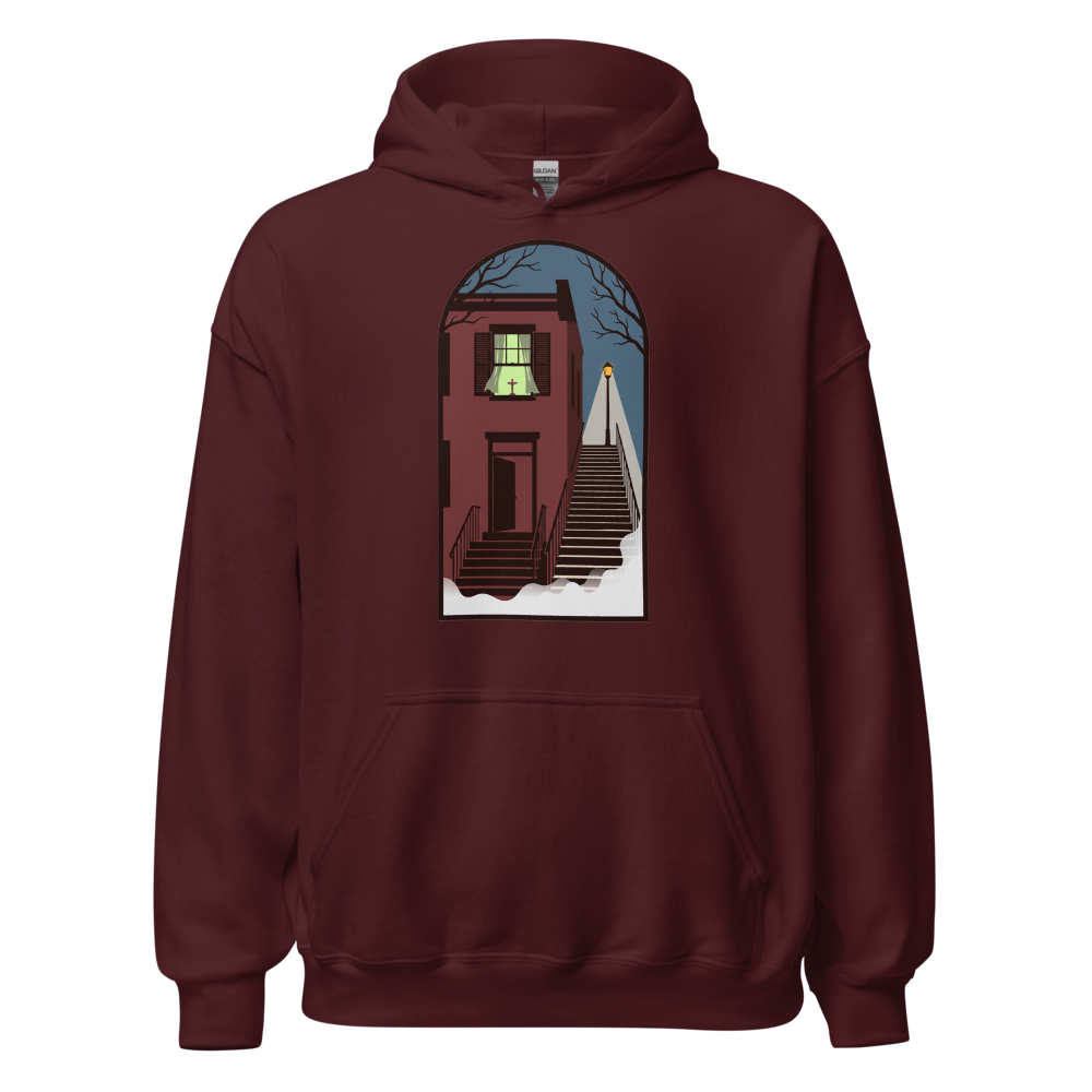 Haunted Row House Stone Stairs Horror Night Tee — Hoodie — maroon front view