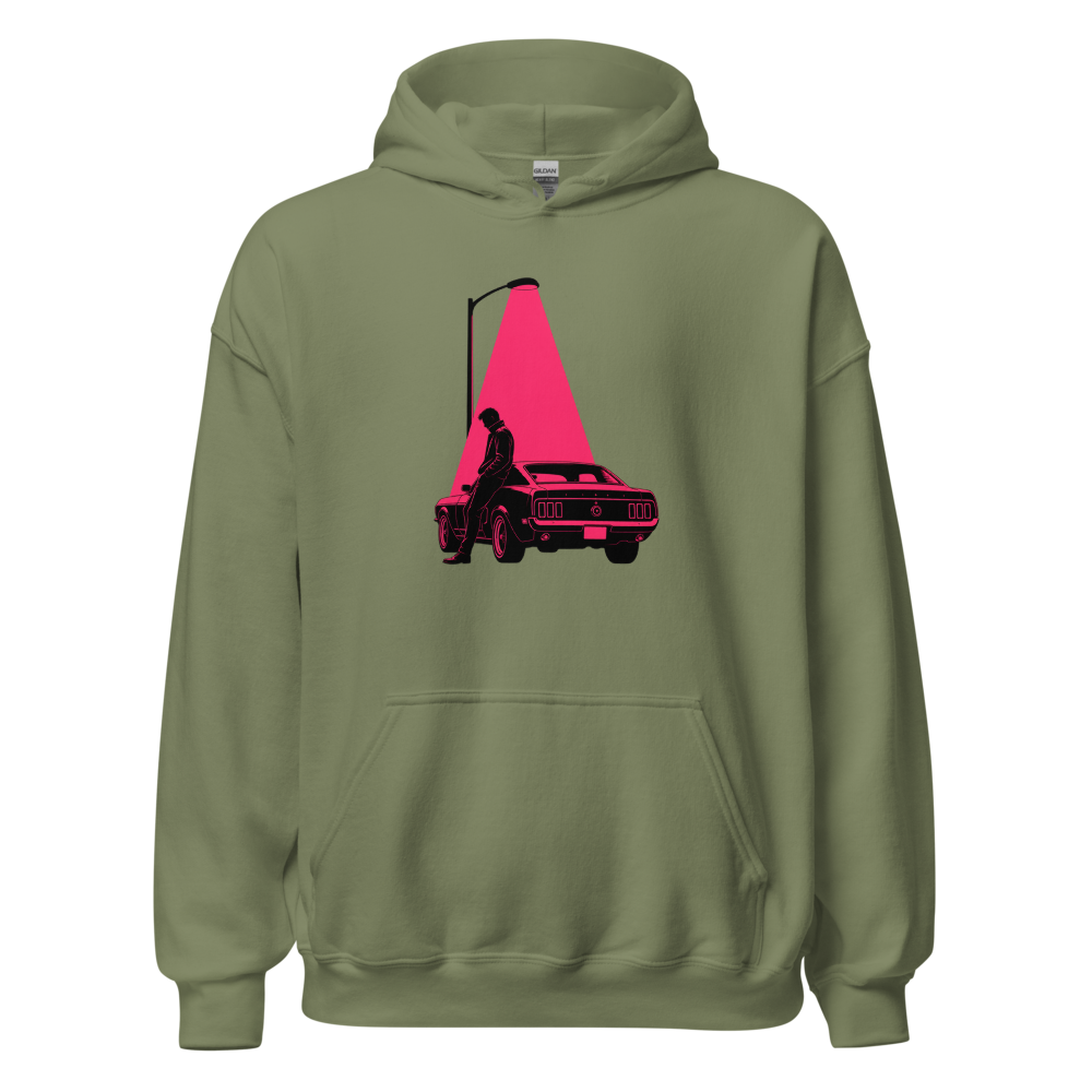 Neon Noir Midnight Driver Muscle Car Silhouette Tee â€” Military Green front view