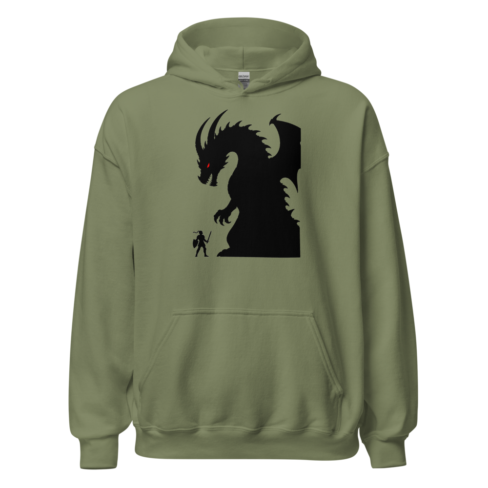 Tiny Hero Giant Boss Silhouette Minimalist Gamer T-Shirt — Hoodie — military green front view