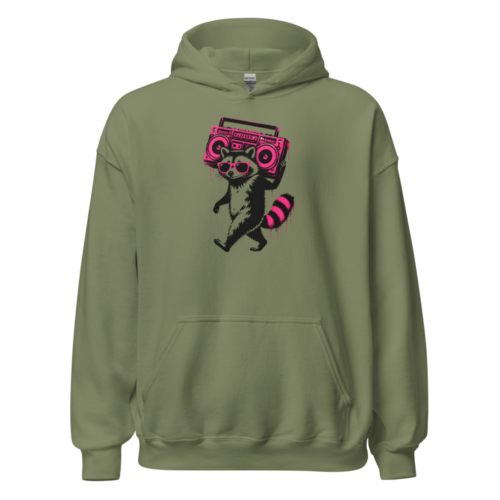 Stencil Raccoon With Boombox Street Art Tee — military green front view