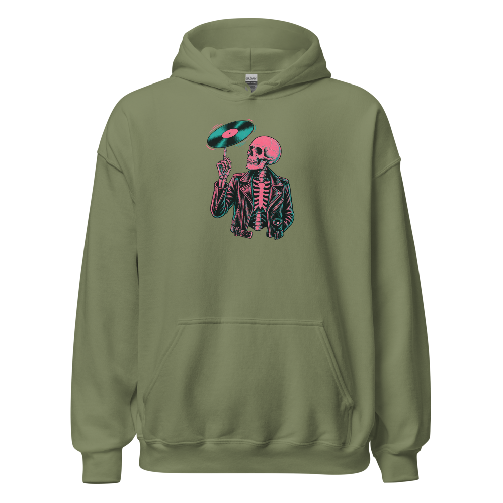 Riso Skeleton Vinyl Spin Gig Poster Punk Rock Tee — military green front view