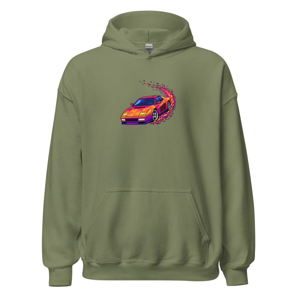 Poly Drift Racer Retro Arcade Sunset T-Shirt — military green front view