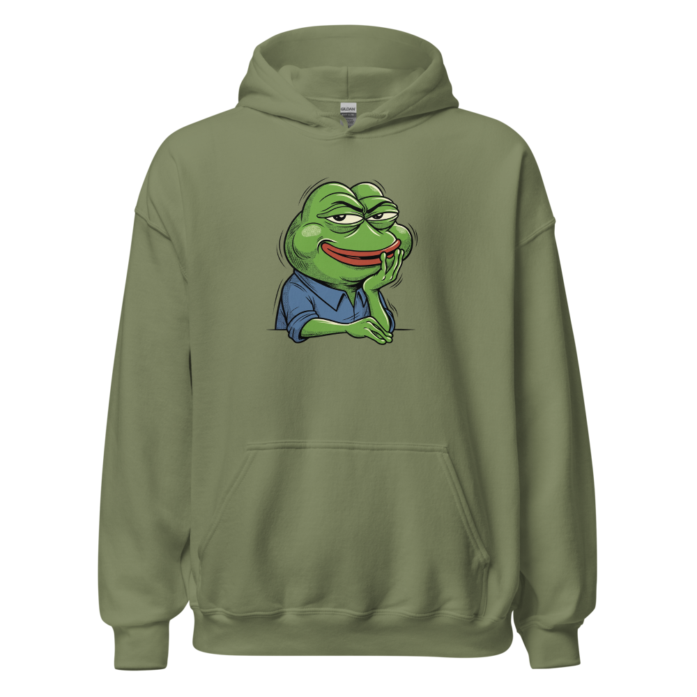 Smug Manga Frog Chin Rest Meme Graphic T-Shirt — military green front view