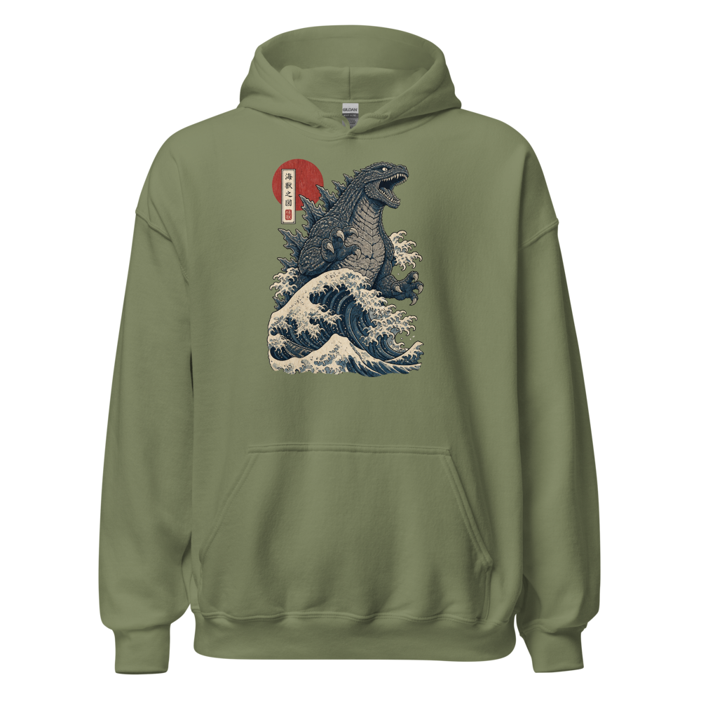 Sea Monster Great Wave Woodblock Print Tee — military green front view