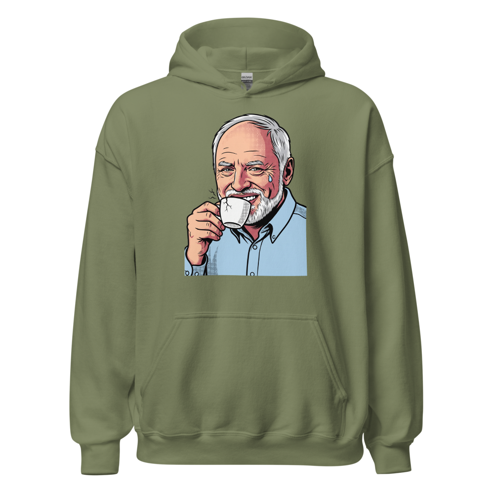 Fake Smile Coffee Guy Halftone Pop Art Meme Tee â€” Military Green front view