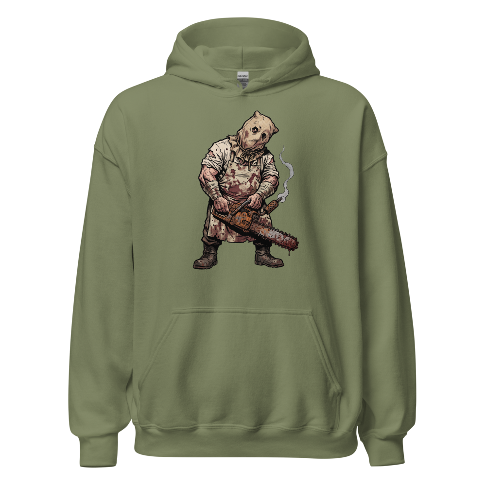 Sack Mask Chainsaw Executioner Horror Tee — military green front view
