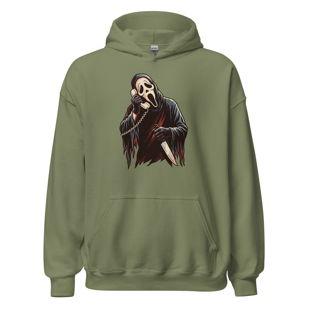 Masked Phone Caller On Hold Halftone Horror Tee — military green front view