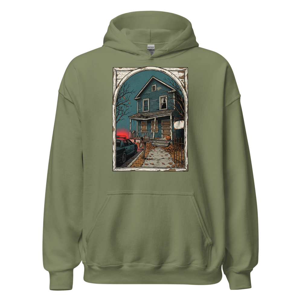 Haunted House Halloween Night Screen Print Horror Tee — Hoodie — military green front view