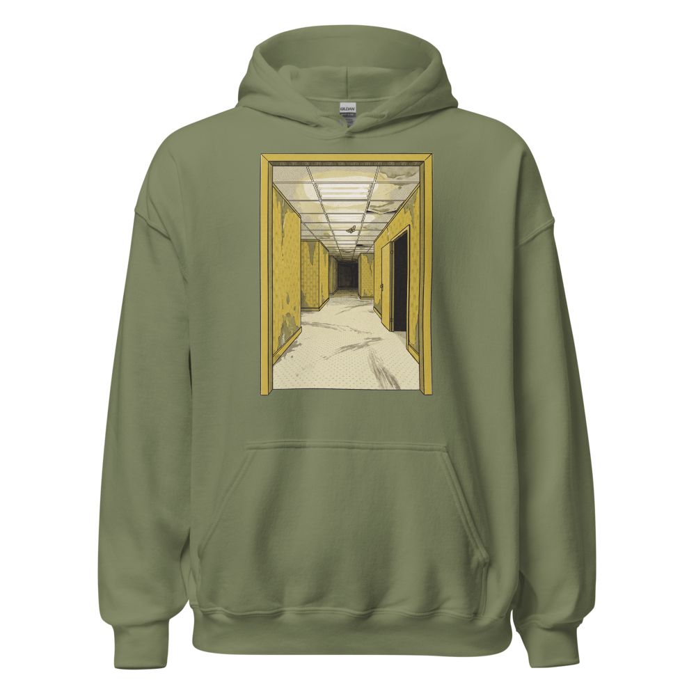 Yellow Liminal Hallway Endless Corridor Riso Tee — Hoodie — military green front view