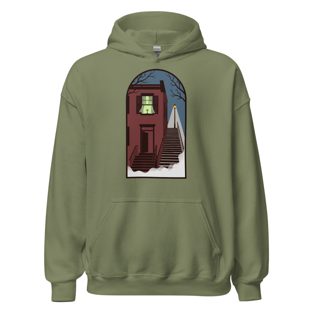 Haunted Row House Stone Stairs Horror Night Tee — Hoodie — military green front view