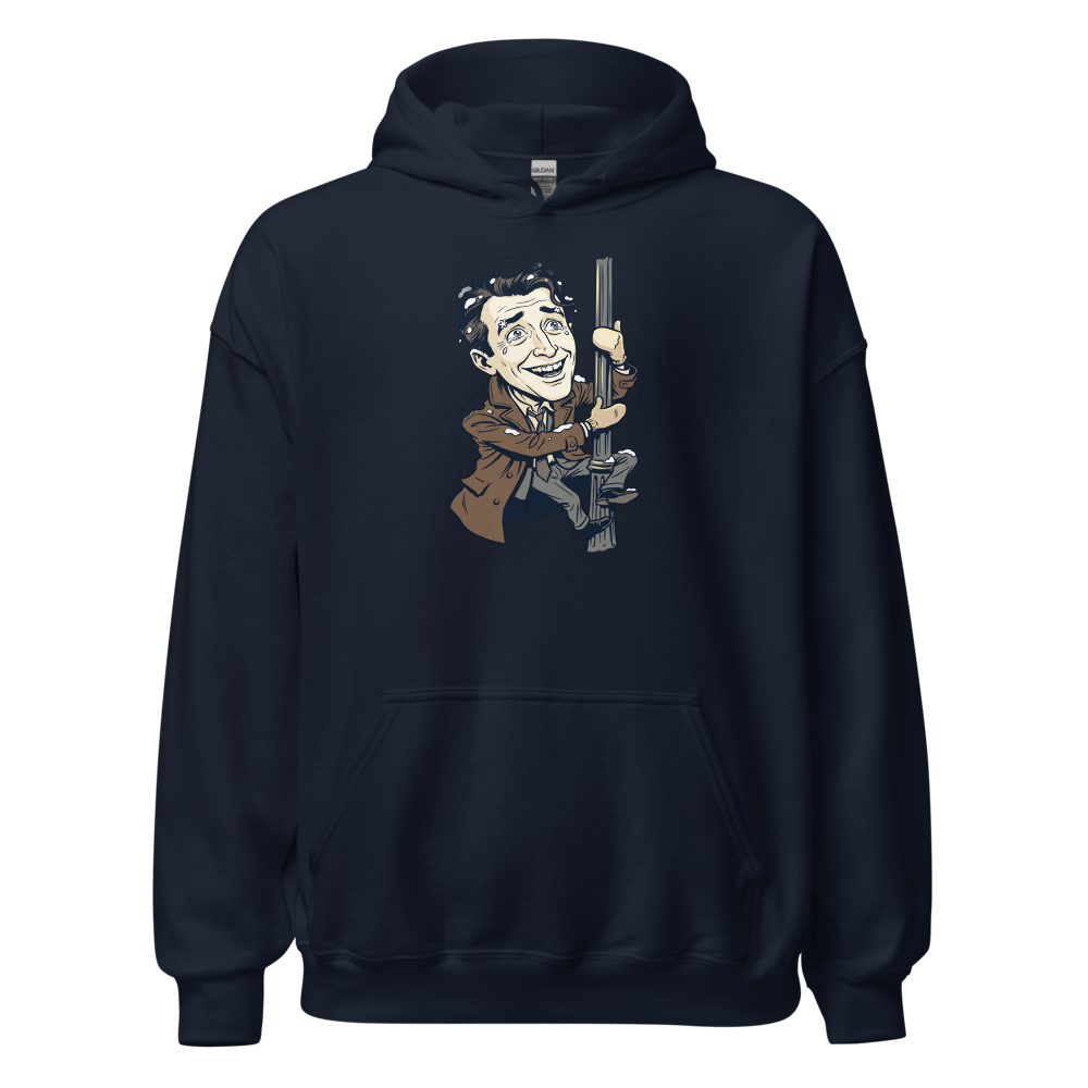 Snowy Lamppost Hug Christmas Movie Caricature T-Shirt — navy front view