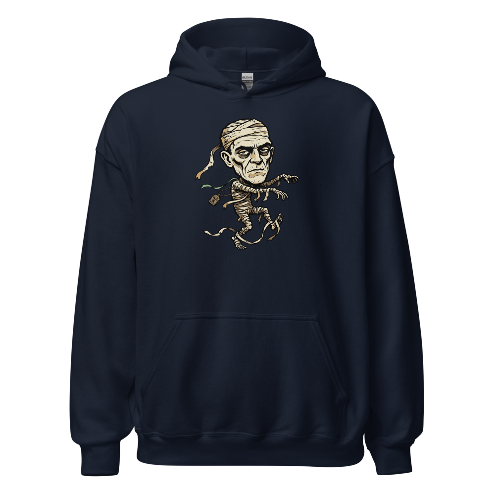 Tripping Mummy Woodcut Vintage Horror Tee — navy front view