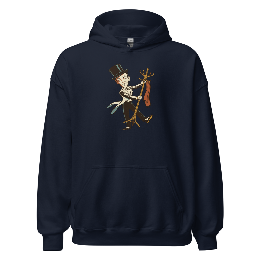 Top Hat and Tails Dancing Coat Rack Vintage Tee — navy front view