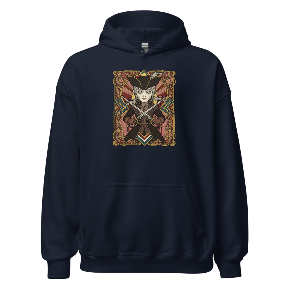 Clocktower Hunter Twin Blades Deco Duel Tee — navy front view