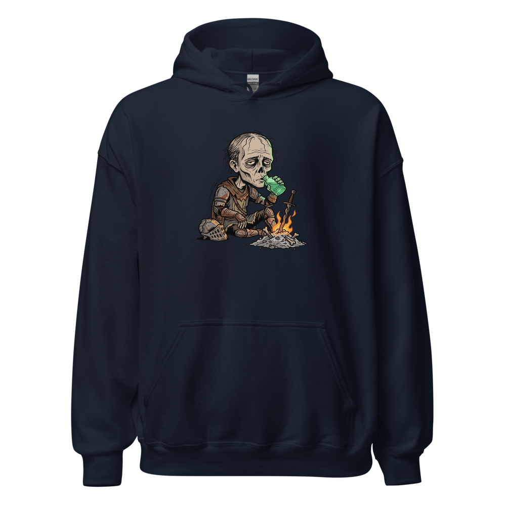 Hollow Knight Bonfire Estus Coffee Soulslike Parody Tee — navy front view