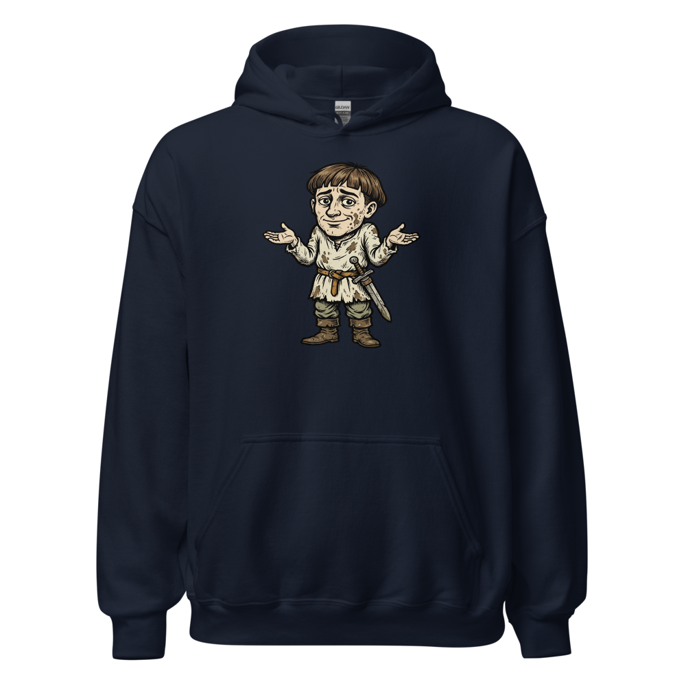 Medieval Peasant Shrug Woodcut Retro RPG Tee — navy front view